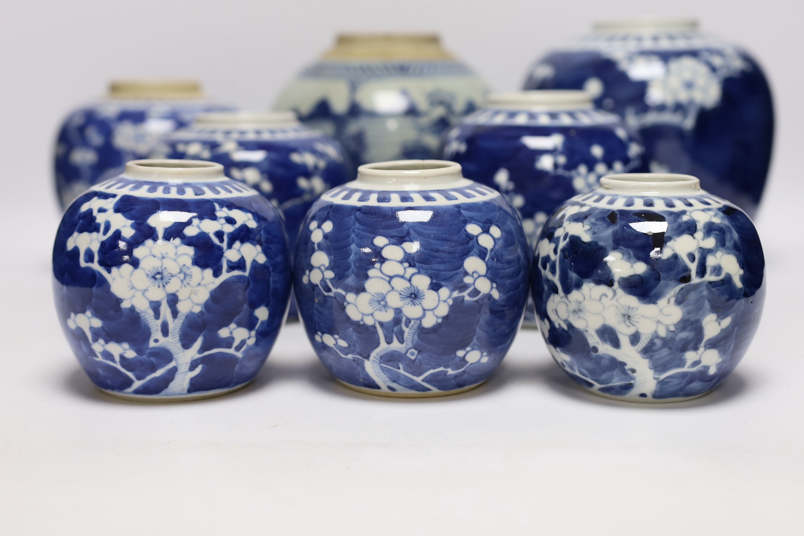 A collection of Chinese blue and white ginger jars including seven prunus flower examples, largest 18cm high